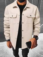 Men's Plain Long Sleeve Jacket, Regular Fit Casual Classic Button Front Flap Pocket Collared Outerwear for Fall & Winter, Go...
