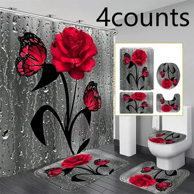 Rose & Butterfly Pattern Bathroom Decor Set, Including Shower Curtain with Hooks, U Shaped Toilet Rug, Bath Mat, Toilet Lid C...