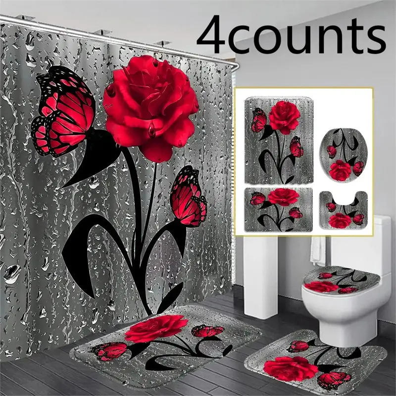 Rose & Butterfly Pattern Bathroom Decor Set, Including Shower Curtain with Hooks, U Shaped Toilet Rug, Bath Mat, Toilet Lid C...