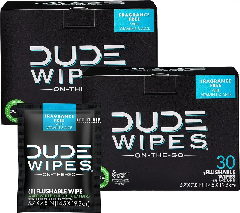 DUDE Wipes - On-The-Go Flushable Wipes - 2 Pack, 60 Wipes - Unscented Extra-Large Individually Wrapped - Vitamin E & Aloe - S...