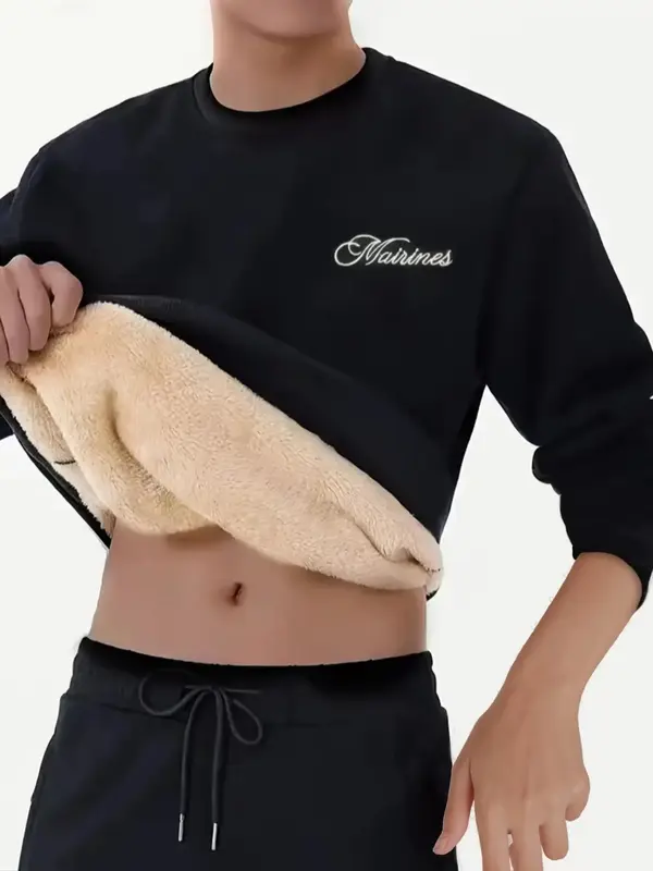 Men's Letter Prin Thermal Lined Sweatshirt, Regular Fit Casual Long Sleeve Crew Neck Pullover for Fall & Winter, Fashion Men'...