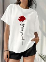 Rose & Slogan Print Comfy T-Shirt, Round Neck Short Sleeve Sports Tee, Women's Activewear,graphic tees