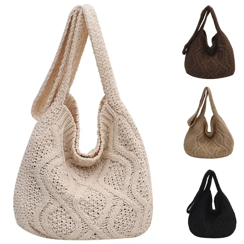 Women's Minimalist Solid Color Crochet Shoulder Bag, Simple Design Plain Crossbody Bag, Casual Fashionable Knitting Bag, Larg...