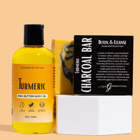Turmeric Bundle - Turmeric & Charcoal Soap + Turmeric Shea Butter Body Oil  – Natural Skincare Set for Eczema, Dry, Sensiti...