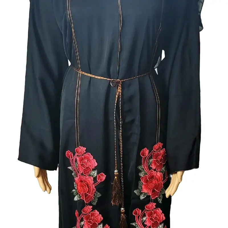 Elegant Black Embroidered Abaya with Floral Motifs - Loose Fit - Includes Belt and Headscarf - Muslim Fashion