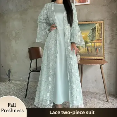 ăFallFreshnessăCL65-1 Two-piece lace robe, bat sleeves, lace embroidered robe, underwear and cardigan, Nida robe Muslim c...