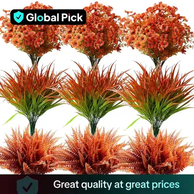 Artificial Pumpkin Flower Plant Decoration, 18pcs/set Faux Fall Flowers Grass Ferns Arrangements, UV Resistant Outside Faux F...