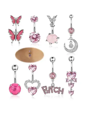 Summer 2024 Fashion Letter & Butterfly & Heart & Moon & Rhinestones Charms Decor Belly Button Rings for Women, Body Piercings...