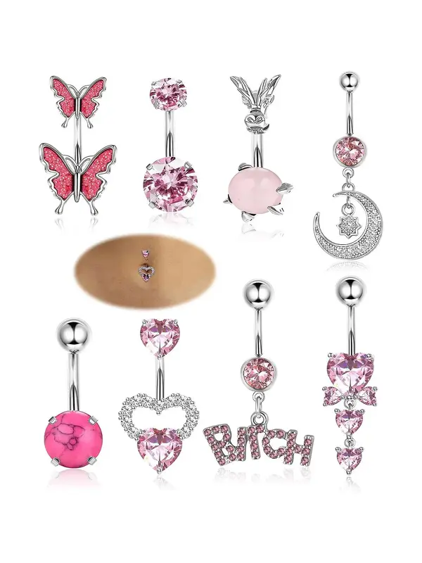Summer 2024 Fashion Letter & Butterfly & Heart & Moon & Rhinestones Charms Decor Belly Button Rings for Women, Body Piercings...