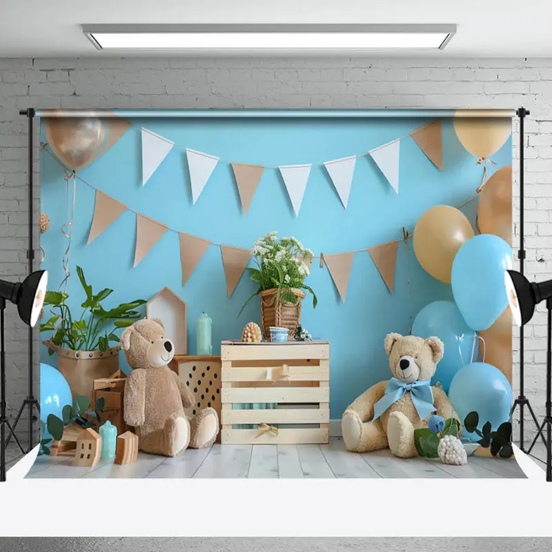 Aperturee Blue Wall Balloons Bear Cake Smash Photo Backdrop, 3X2FT(1MX0.6M), 14 USD, birthday cake smash backdrops, NYHD1I67-...