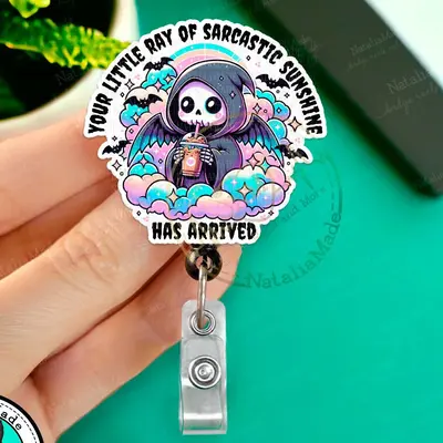 NataliaMade Funny Retractable Badge Reel- Little Ray of Sarcastic Sunshine Grim Reaper ID Badge Holder for Nurses, Retail Wor...