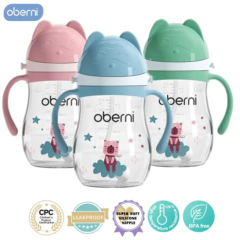 Oberni Leakproof Sippy Cups, Double Sealing No Spill Water Bottle with Weighted Straw and Non-Slip Handle for Toddler 1-3 Yea...