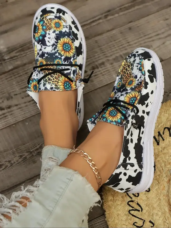Women's Trendy Over Print Round Toe Slip-on Sneakers & Trainers, Fall Summer Cow & Floral & Leopard Pattern Sports Shoes, Gi...