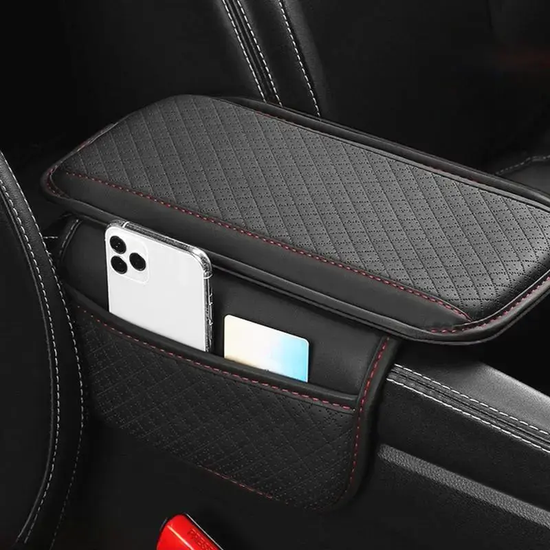 Car Armrest Box Heightening Pad with Side Storage Bag, PU Leather Armrest Box Cushion Protective Cover with Storage Pocket, U...