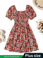 Women's Plus Size Plain / Ditsy Floral Print Shirred A Line Dress, Boho Ruffle Hem Square Neck Dress for Beach Vacation Holid...