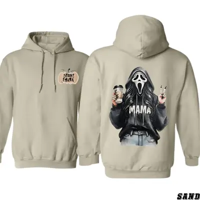 Spooky Mama Halloween Hoodie – Fun Ghost Face Girl Drinking Coffee Design, Perfect Fall Outfit For Moms, Cozy Unisex Hoodie...