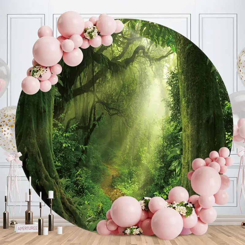Aperturee Green Nature Forest Round Happy Birthday Party Backdrop