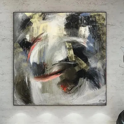 Large Wall Art on Canvas: Abstract Oil Painting in beige, Green and Red Colors as Textured painting for Modern Office or Home...