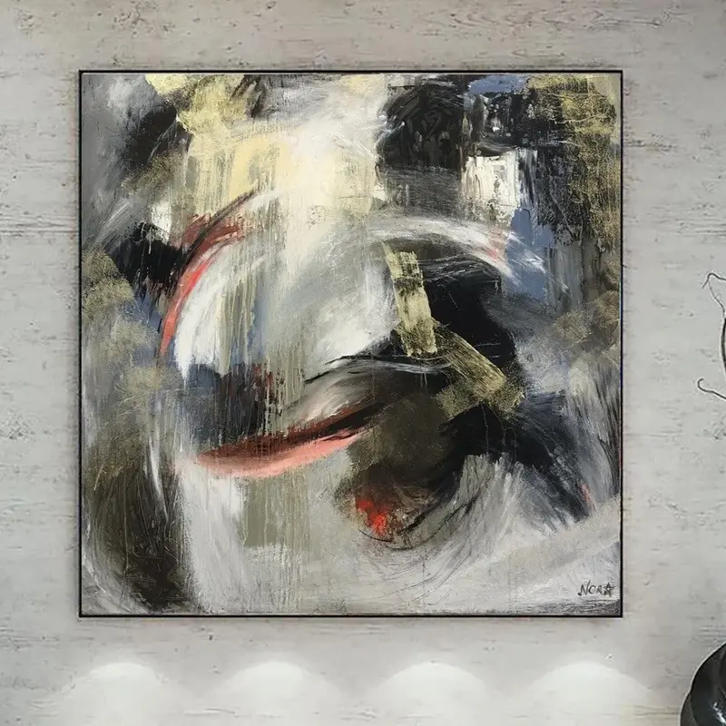 Large Wall Art on Canvas: Abstract Oil Painting in beige, Green and Red Colors as Textured painting for Modern Office or Home...