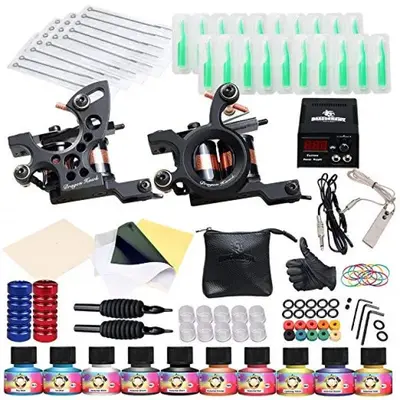 Dragonhawk Complete Tattoo Kit 2 Machine Gun 10 Color Inks Power Supply