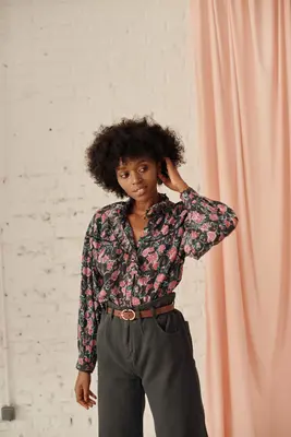 Organic cotton women blouse - Charcoal Wildflowers | Size: 34 (XS)