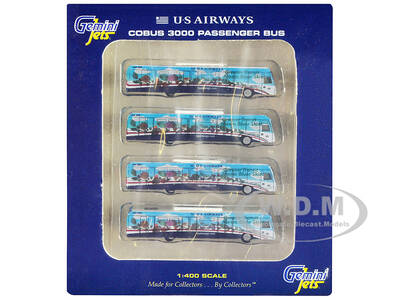 Cobus 3000 Passenger Bus White and Blue with Graphics US Airways Shuttle Bus - Greener Transit 4 Piece Set 1/400 Diecast Mo...