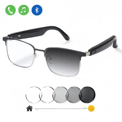 Bluetooth audio smart glasses with photochromic lenses that darken in sunlight, metal frame, surround sound and Wireless micr...