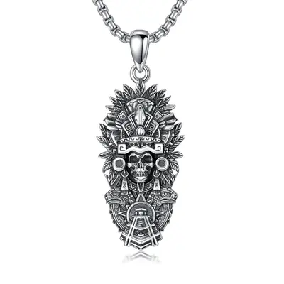 925 Sterling Silver Aztec Necklace Mictlantecuhtli Skull Mexico Necklace Mayan Mexican Jewelry Christmas Birthday Gifts for M...