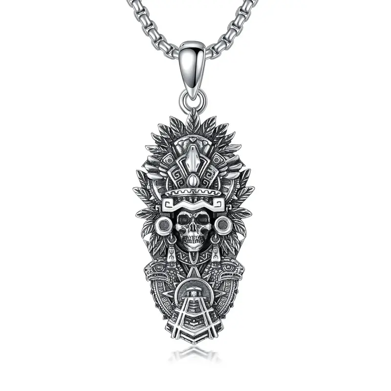 925 Sterling Silver Aztec Necklace Mictlantecuhtli Skull Mexico Necklace Mayan Mexican Jewelry Christmas Birthday Gifts for M...