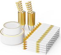 ROVSUN 400 Pieces Gold Disposable Dinnerware Set 50 Guests,Elegant Plastic Plates for Party Wedding, 50 Pre Rolled Napkins wi...