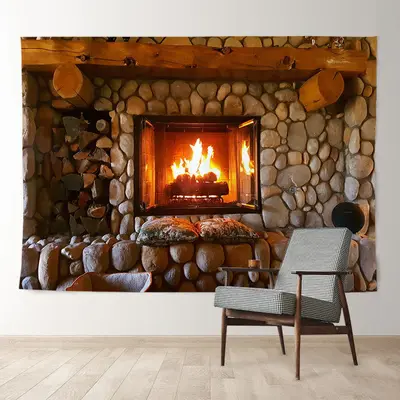 Aperturee Stone Fireplace Family Photo Christmas Backdrop
