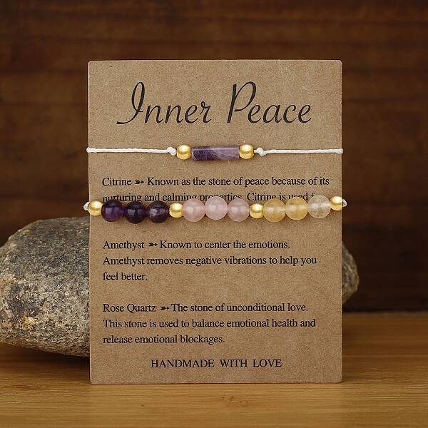 2Pcs 2 Styles Natural Rose Quartz and Natural Amethyst Braided Beads Bracelets for Women