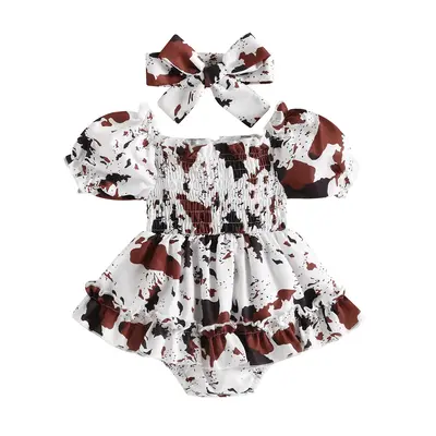 Western Baby Girls Romper Dress Newborn Cow Print Puff Short Sleeve Ruffles Skirt Hem Smokced Bodysuit Jumpsuit with Headband