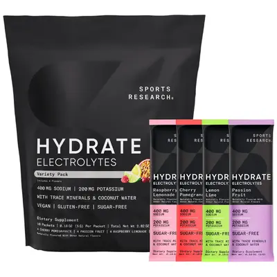 Sports Research Hydrate Electrolytes Powder Packets - Sugar Free & Naturally Flavored with Vitamins, Trace Minerals, and Coco...