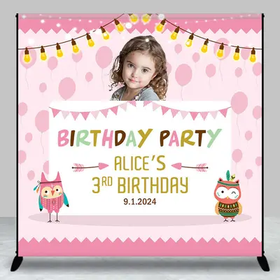Custom Owl Pink Theme Birthday Backdrop For Girls