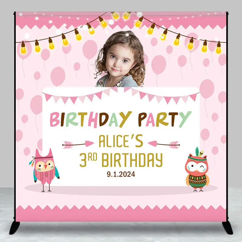 Custom Owl Pink Theme Birthday Backdrop For Girls