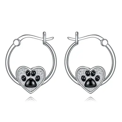 Sterling Silver Dog & Paw & Heart Hoop Earrings