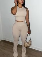 Women's Solid Crop Top & High Waist Skinny Pants Two-Piece Set, Casual Fashion Cozy Two Piece Outfits for Daily Outdoor Wear,...