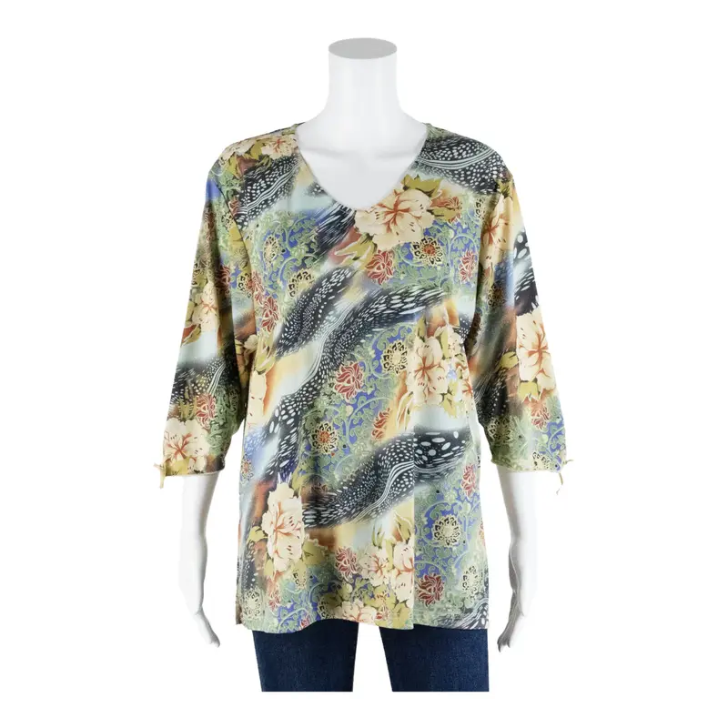 Top Cream V-Neck Crazy Pattern 3/4 Sleeve Womens XL