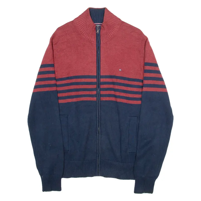 TOMMY HILFIGER Mens Cardigan Blue High Neck Tight Knit L