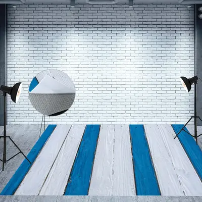 Blue White Painted Vertical Stripe Wood Floor Mat