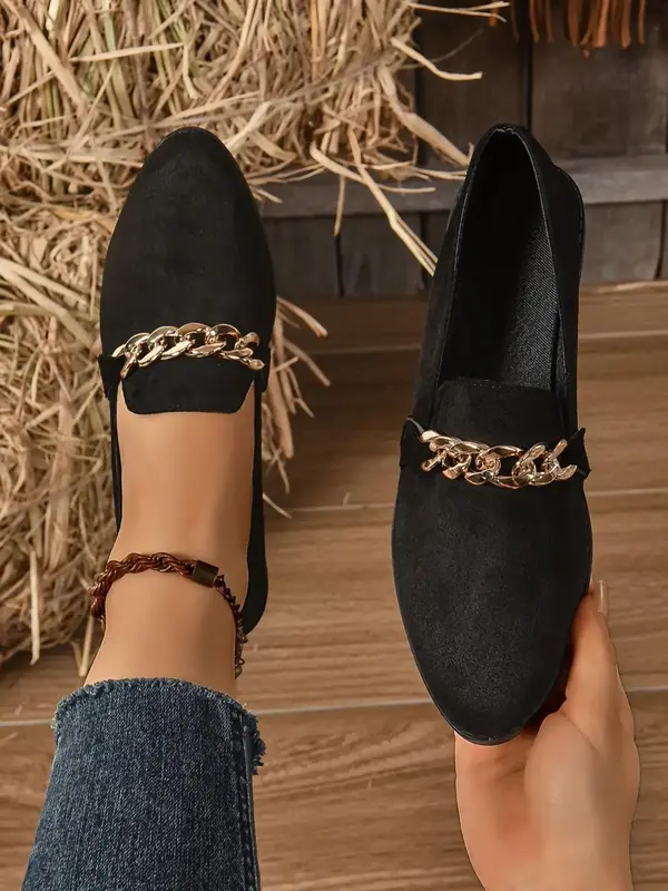 Women's Fashionable Chain Decorated Slip on Flats, Casual Pointed Toe Flat Shoes for Daily Wear, Lightweight Breathable Comfo...