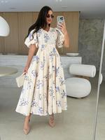 Women's Floral Print Bubble Sleeve Dress, Casual Trendy Boho Bohemian Elegant V Neck Short Sleeve Dress for Summer, Ladies Cl...