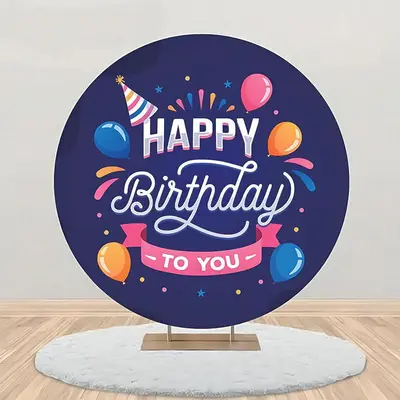 Blue Pink Orange Balloon Dot Round Birthday Backdrop - Aperturee
