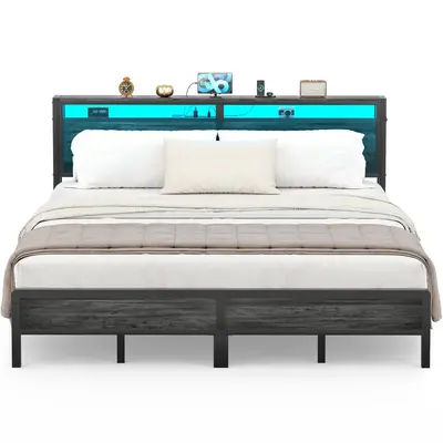 Homieasy Bed Frame with Charging Station and Led Lights, Industrial Metal Platform Bed with Storage Headboard, No Box Spring ...