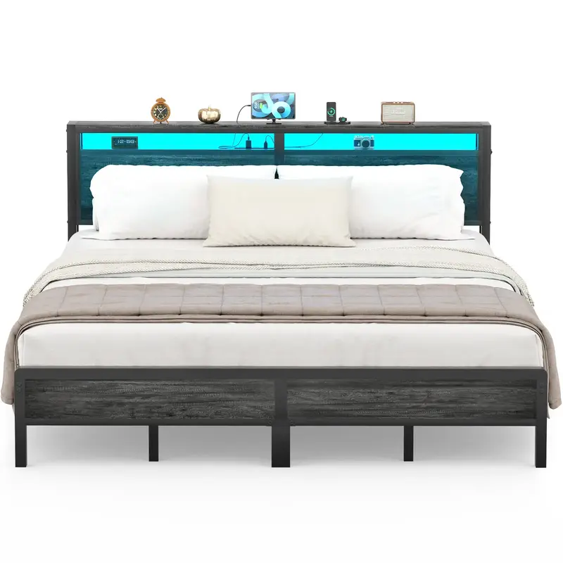 Homieasy Bed Frame with Charging Station and Led Lights, Industrial Metal Platform Bed with Storage Headboard, No Box Spring ...