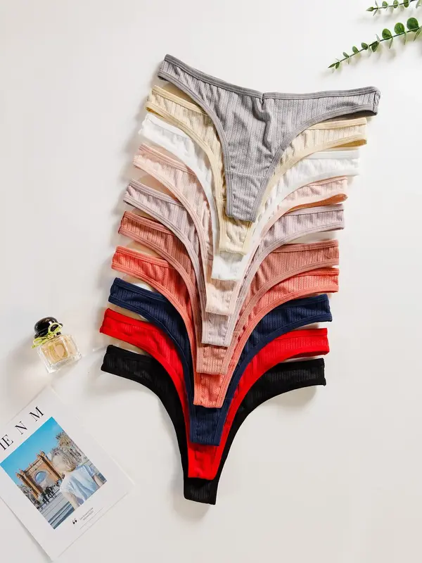 Women's Solid Drop Waist Thong, Summer Wear, Casual Comfortable Fit Ribbed Panty for Daily Wear, Ladies Underwear for All S...