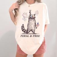 Funny 4th of July Shirt, Feral and Free Tee, Fireworks Graphic T-shirt, Feral Girl Summer Raccoon Meme Shirt, Trendy Plus Siz...