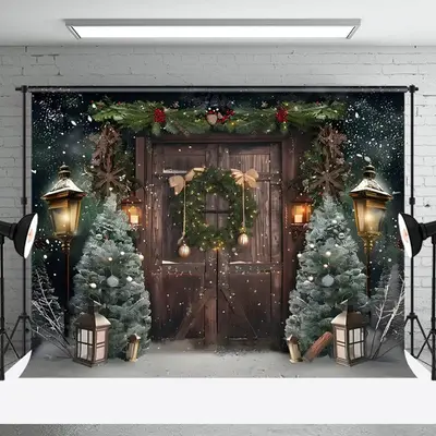 Aperturee Old Wooden Door Garland Street Lights Xmas Backdrop