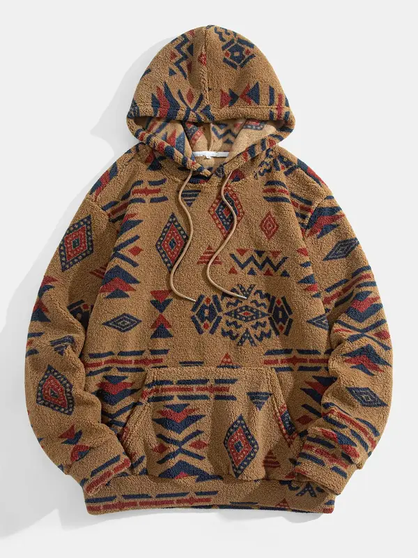 Men's Tribal Print Drop Shoulder Fuzzy Hoodie, Fashion Casual Regular Fit Drawstring Pocket Hooded Sweatshirt for Daily Holid...
